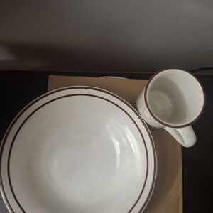 Classic White Dinnerware Set with Brown Trim